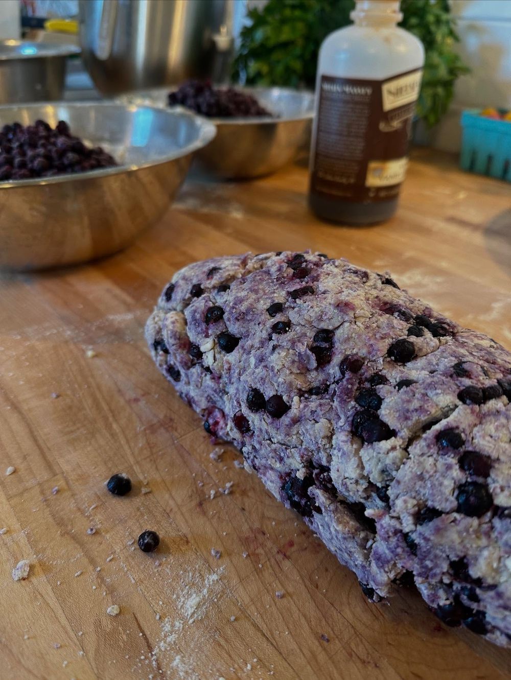 Blueberry scone loaf on the workbench